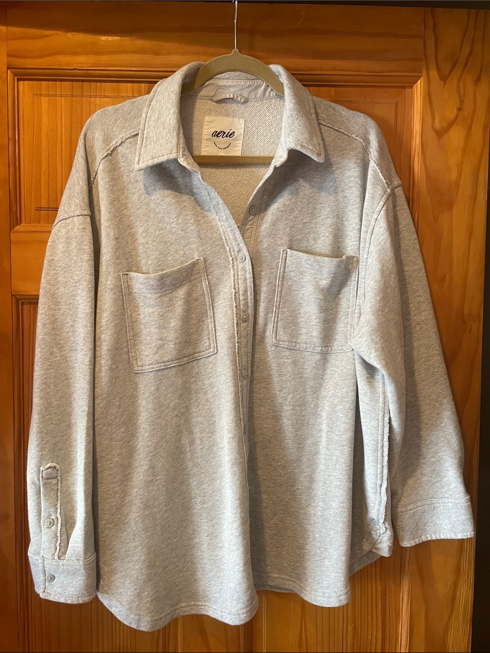aerie Light Gray Button-Front Pocket Overshirt
